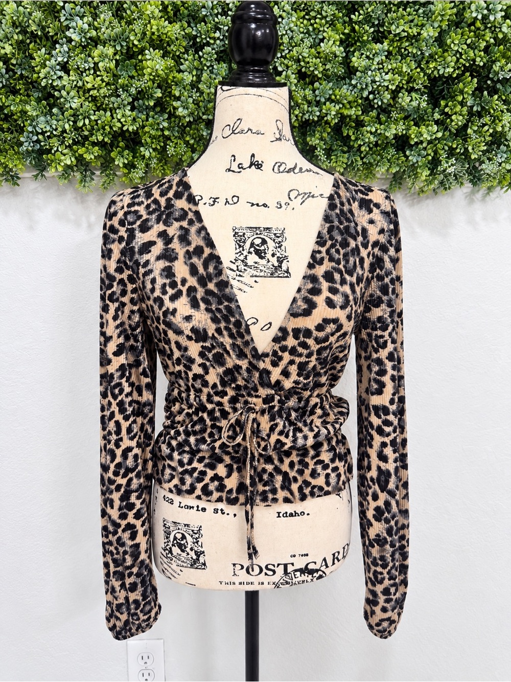 ZARA Leopard Animal Print Ruched Wrap Tie Waist Long Sleeve Top S